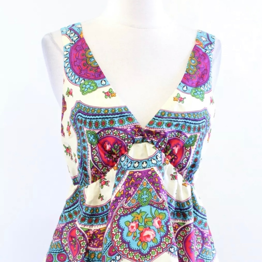 Johnny Was Silk Colorful Floral Print V Neck Babydoll Tank Top Blouse Size S